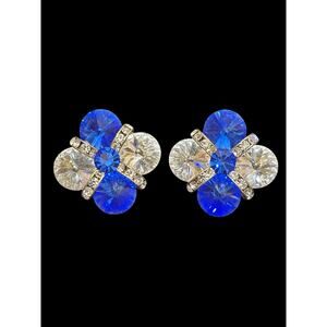 Vintage Blue Clear Rhinestone Clip Earrings Gold Tone Mid Century Jewelry